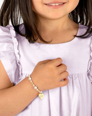  Girls' 14K Gold Dainty cultured - Pearls & Diamond Initial 5.25" Bracelet - Children