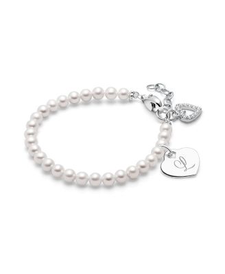  Girls Sterling Silver 4mm Cultured Pearls & Engraved Initial 6.25" Bracelet - Children