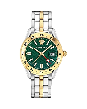Shop Versace Greca Time Gmt Watch, 41mm In Green/two-tone