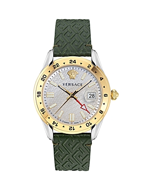 Versace Greca Time Gmt Watch In Silver/green