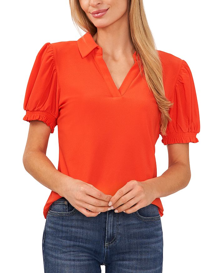 COLLARED SPLIT NECK CUFF SLEEVE U HEM LINEN TOP
