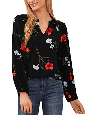 Cece Poppy Print Top In Rich Black