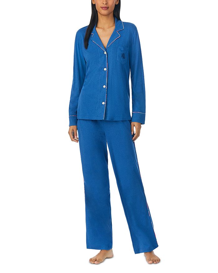 Lauren Ralph Lauren Long Sleeve Knit Notch Pj Set Women's Pajama Sets Blue : XL (US 16-18)