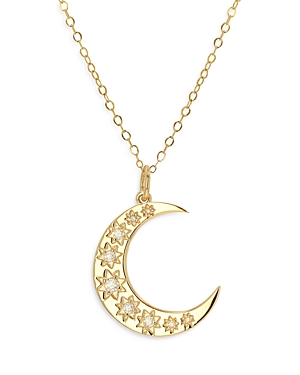 14K Yellow Gold Diamond Crescent Moon Pendant Necklace, 16-20