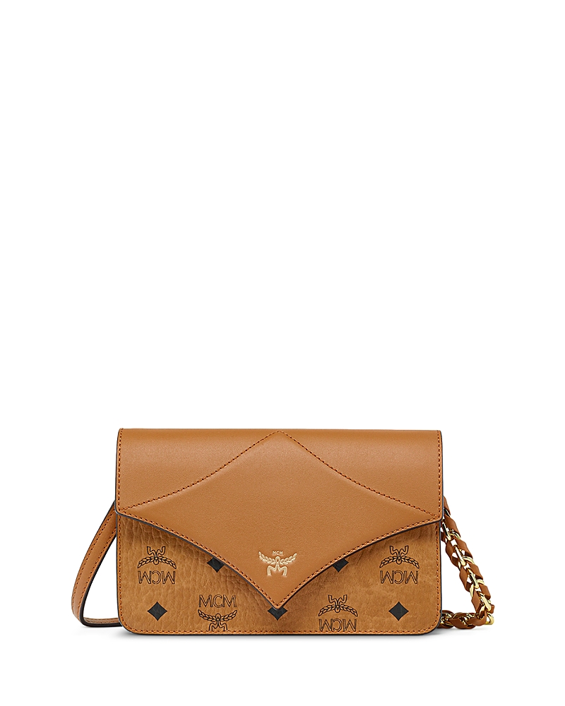 Mcm Printed Canvas Diamond Crossbody Bag In Cognac/gold