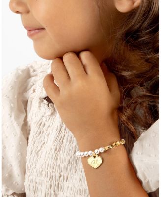 Girls 14K Gold 4mm Cultured Pearls & Engraved Initial 6.25" Bracelet - Children