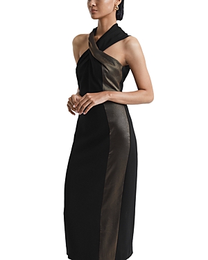 Reiss Carla Metallic Panel Halter Bodycon Dress In Black/bronze