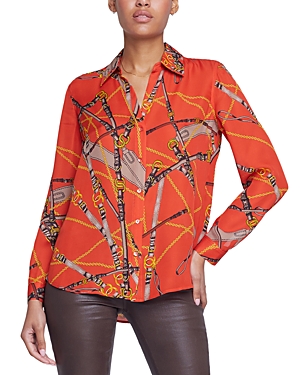 Shop L Agence L'agence Nina Long Sleeve Silk Shirt In Red Clay Multi
