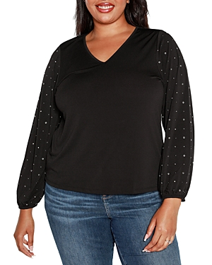 Belldini Plus Size Embellished Sleeve Top In Black