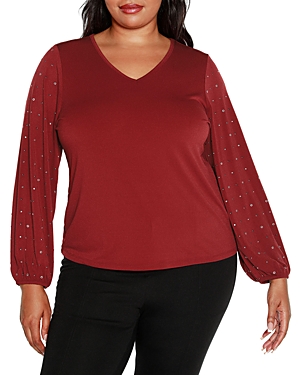 Belldini Plus Size Embellished Sleeve Top In Cranberry