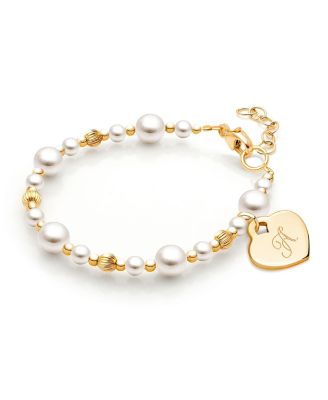  Girls' 14K Gold Dainty cultured - Pearls & Diamond Initial 5.25" Bracelet - Children