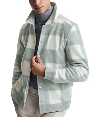 Reiss Scott Regular-fit Checked Brushed-woven Overshirt In Sage/white