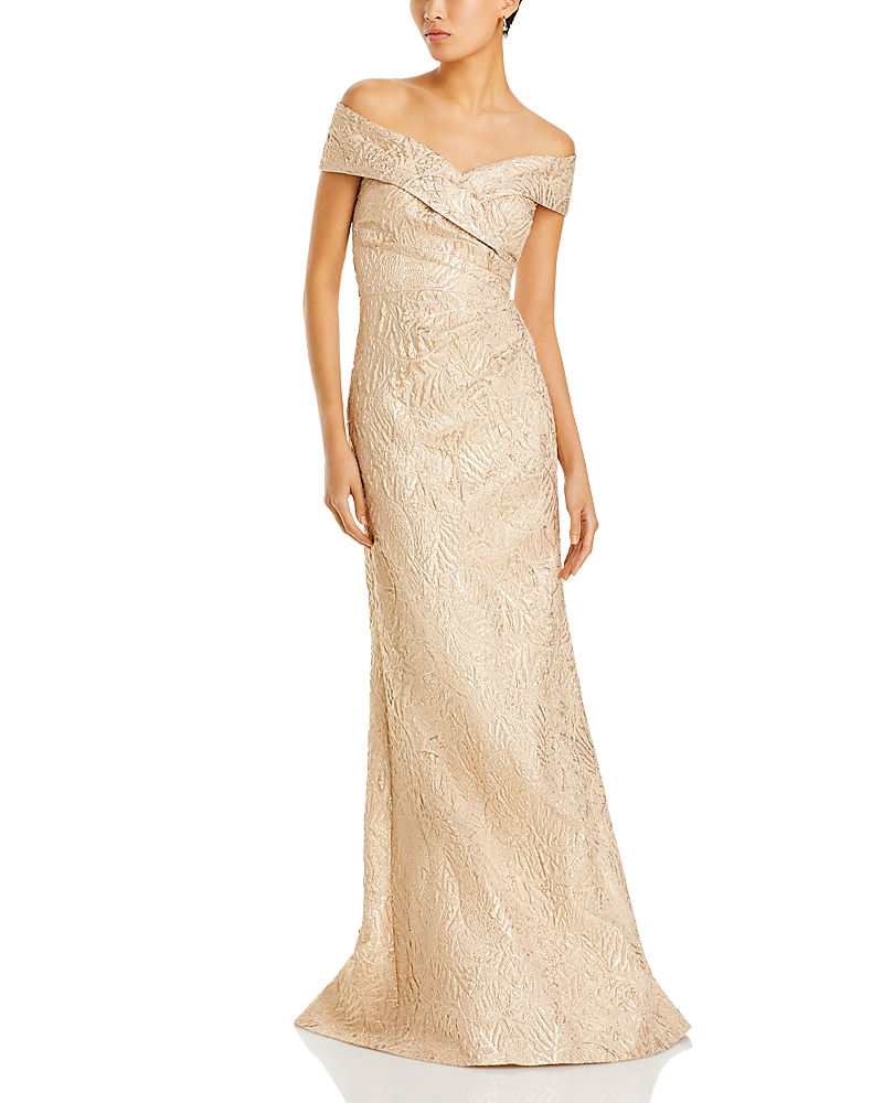 Teri Jon by Rickie Freeman Metallic Jacquard Off-the-Shoulder Gown
