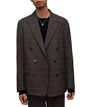 Allsaints Spica Checked Double Breasted Blazer In Brown
