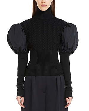 Shop Max Mara Aster Taffeta Sleeve Cable Knit Top In Black