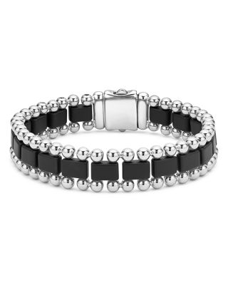 LAGOS - Men's Sterling Silver Anthem Obsidian Bead Skull Stretch Bracelet - Exclusive