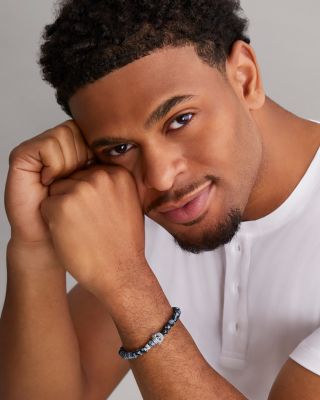 Men's Sterling Silver Anthem Snowflake Obsidian Bead Skull Stretch Bracelet - Exclusive