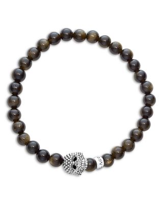 Men's Sterling Silver Anthem Obsidian Bead Skull Stretch Bracelet - Exclusive
