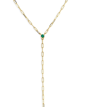 14K Gold Emerald Paperclip Chain Lariat Necklace, 18