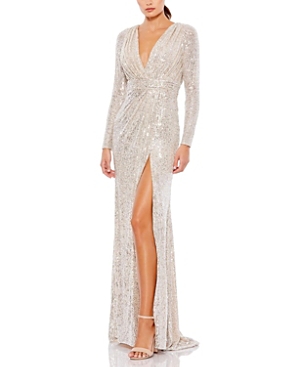 Shop Mac Duggal Sequined Long Sleeve Gown In Silver-tone