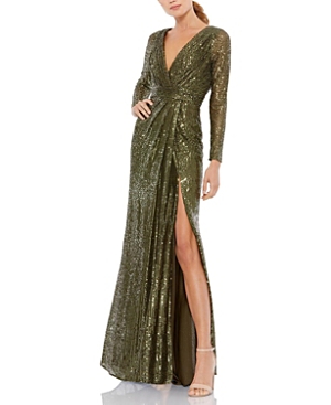 Mac Duggal Long Sleeve Sequin Faux Wrap Gown In Olive