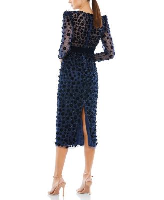 Embellished V-Neck Illusion Long Sleeve Column Midi