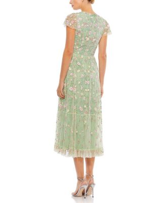 Embroidered V Neck Cap Sleeve Midi Dress