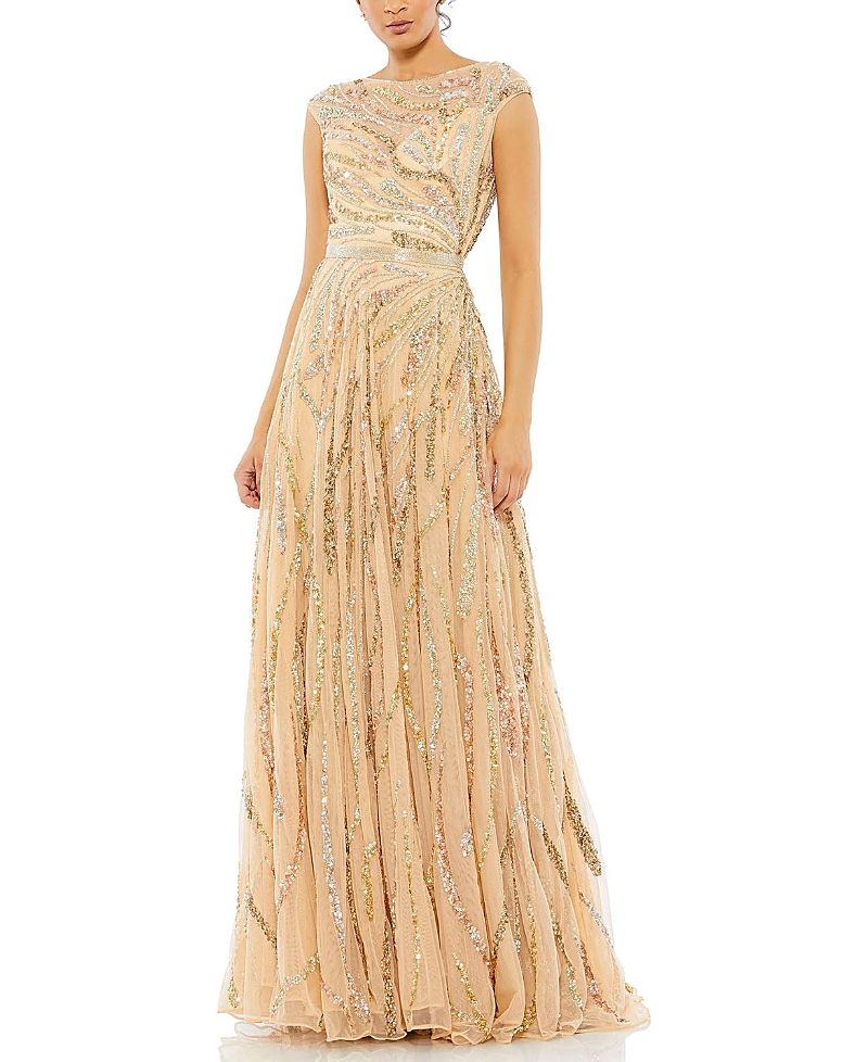 Mac Duggal Cap Sleeve Embellished Evening Gown In Beige Multi