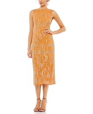Mac Duggal Abstract Beaded Sleeveless Midi Sheath Dress In Saffron