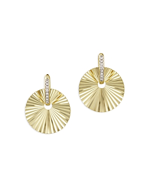 14K Yellow Gold Aura Diamond Fluted Discs Dangle Hoop Earrings