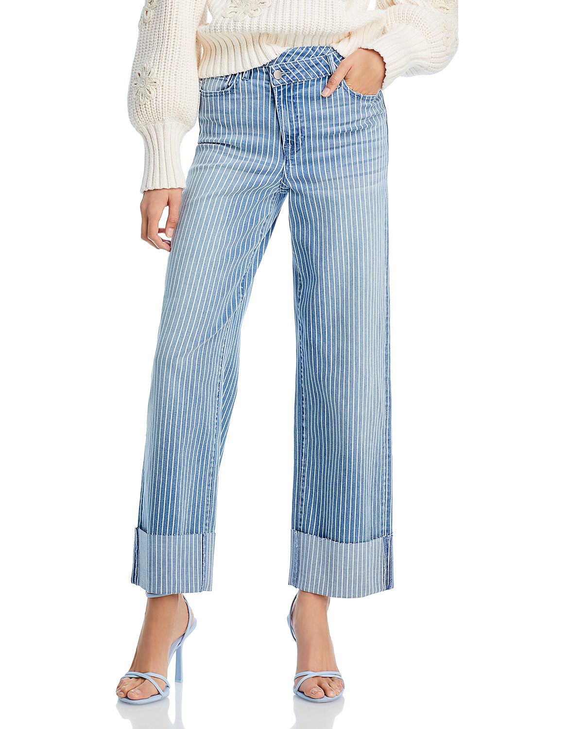Aqua Striped Cuffed Dad Jeans