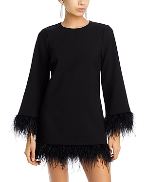 Likely Marullo Long Sleeve Feather Trim Mini Dress In Black