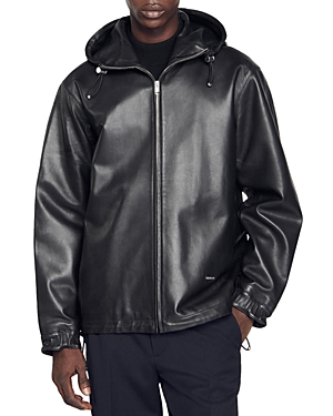 Shop Sandro Hooded Zip Front Leather Jacket In Black
