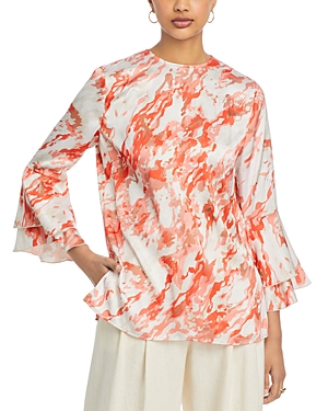 Shop Misook Abstract Print Crepe De Chine Flounce Sleeve Blouse In Spice/multi