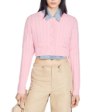 Shop Sandro Elina Cable Knit Cropped Cardigan In Pink
