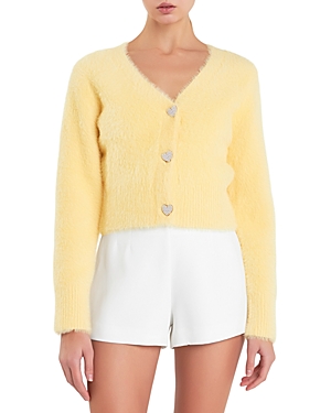 English Factory Feathered Plush Heart Buttoned Cardigan In Creamy Yellow