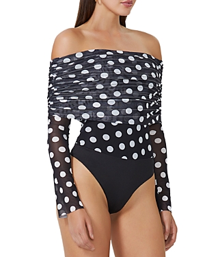 Shop Afrm Maxine Off Shoulder Mesh Bodysuit In Diagonal Dot