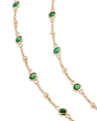 Emerald & Diamond Bezel Station Collar Necklace in 14K Yellow Gold, 16-18"