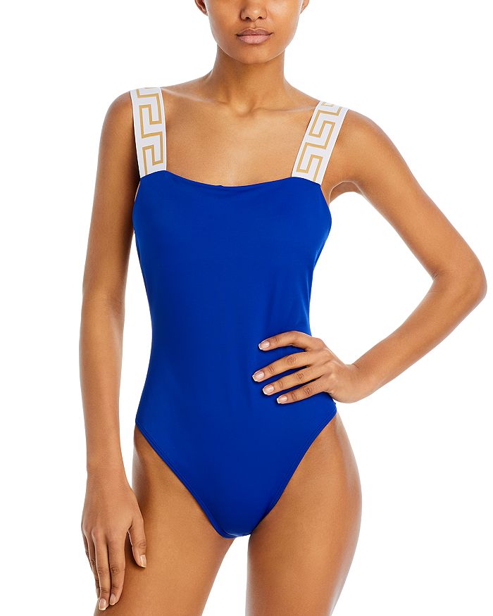 Exotic Blue One Piece Thong Swimsuit With High Cut, Big U Neck