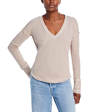 Free People Sail Away Cotton V Neck Waffle Knit Top In Cashmere