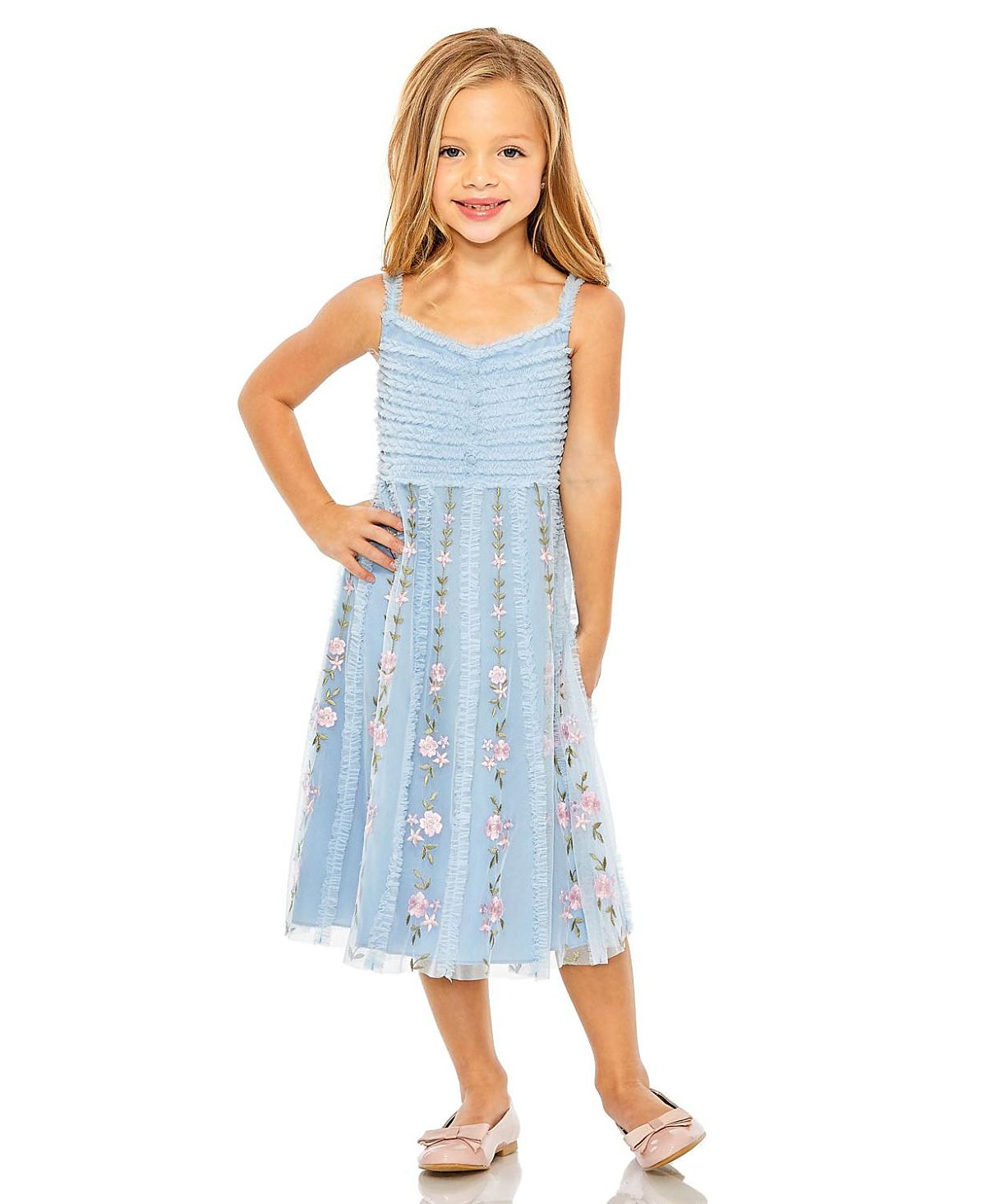 Mac Duggal Girls Ruffle Floral Embroidered Detail Mini Dress - Little Kid, Big Kid