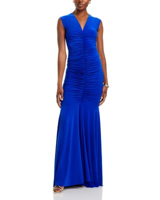Norma Kamali Sleeveless Deep V Neck Shirred Front Fishtail Gown in Royal |  Smart Closet
