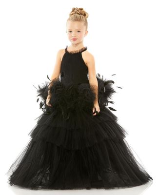 Mac Duggal Girls' High Neck Tulle Dress with Feather Detail - Little Kid