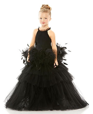 Shop Mac Duggal Girls' High Neck Tulle Dress With Feather Detail - Little Kid, Big Kid In Black