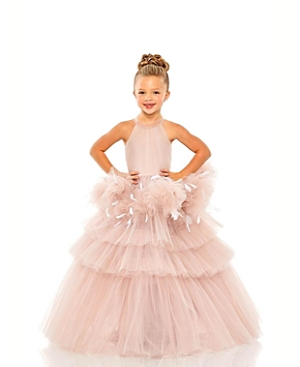 Mac Duggal Girls' High Neck Tulle Dress With Feather Detail - Little Kid, Big Kid In Rose