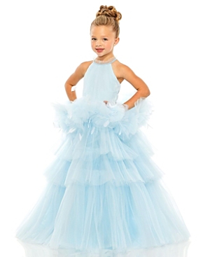 Shop Mac Duggal Girls' High Neck Tulle Dress With Feather Detail - Little Kid, Big Kid In Ice Blue
