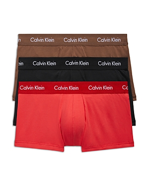 Shop Calvin Klein Cotton Stretch Moisture Wicking Low Rise Trunks, Pack Of 3 In Black/cocoa Brown/rouge