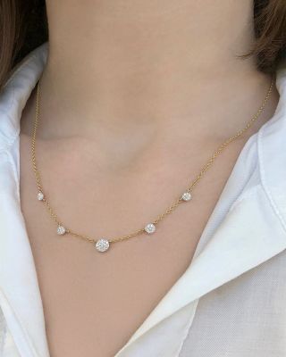 Rhodium & 14K Gold Affair Diamond Cluster Station Necklace, 16"-18"