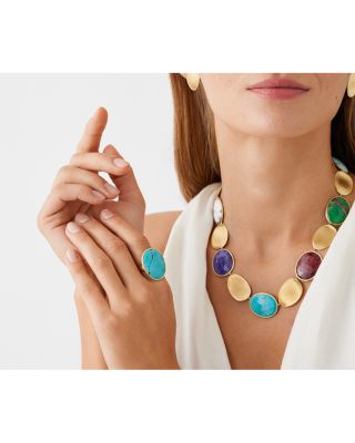 18K Yellow Gold Lunaria Turquoise and Charoite Statement Ring