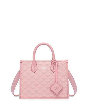 Mcm Lauretos Monogram Canvas Tote Bag In Silver Pink